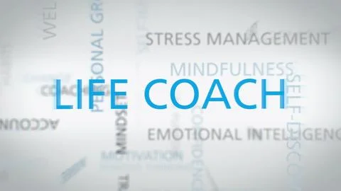 Word cloud image with 'Life Coach' in the center, surrounded by terms related to Stock Photos
