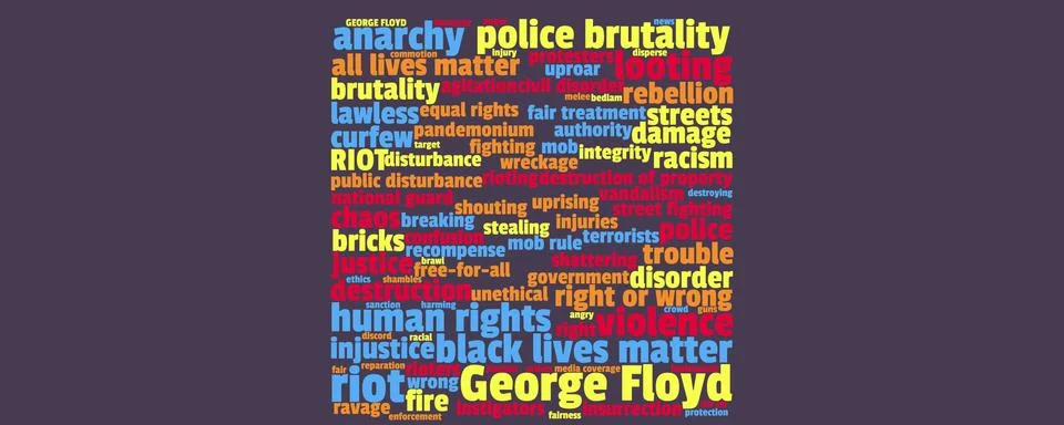 A word cloud made up of terms regarding police brutality, violence, rioting Illustrazione stock