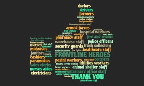 Word cloud in praise of COVID's essential workers in shape of a thumbs up sign Stock Illustration