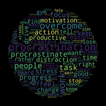 Word cloud of procrastination concept on black background. Stock Illustration