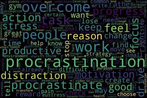 Word cloud of procrastination concept on black background. Stock Illustration