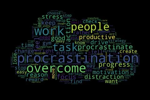 Word cloud of procrastination concept on black background. Stock Illustration