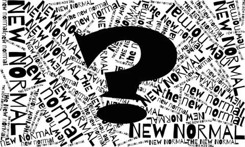 Word cloud reading "New Normal" in chaos pattern with superimposed question mark Illustrazione stock
