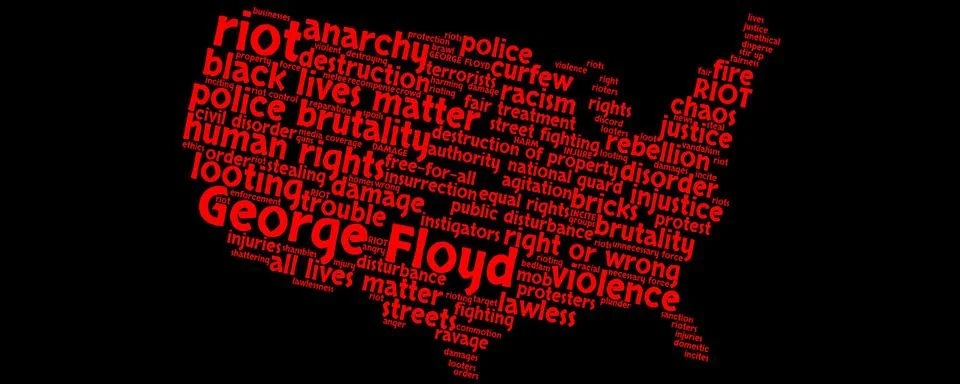 A word cloud, red on black background, riots, looting, police brutality Stock Illustration