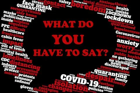 Word cloud regarding coronavirus and resulting social challenges Illustrazione stock