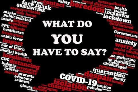 Word cloud regarding COVID-19 and resulting social issues Stock Illustration