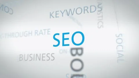 Word cloud with 'SEO' as the main term, accompanied by keywords related to 写真素材