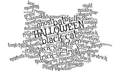 Word cloud in the shape of a cat's face with whiskers, for Halloween Stock Illustration