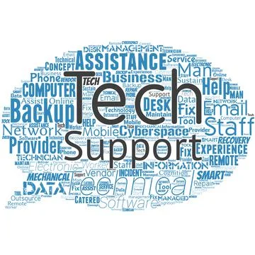 Word cloud in the shape of a chat box with tech support words. Stock Illustration