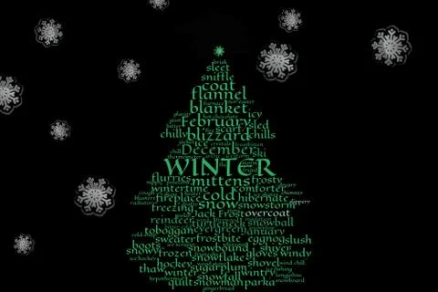 Word cloud in the shape of a Christmas tree regarding holiday season, xmas Illustrazione stock