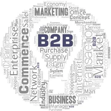 Word cloud in the shape of a circle with B2B words. Ilustración de archivo