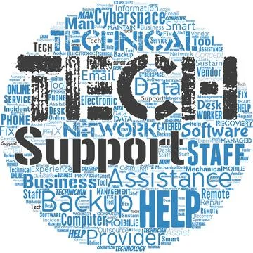 Word cloud in the shape of a circle with tech support words. Help given by te Stock Illustration
