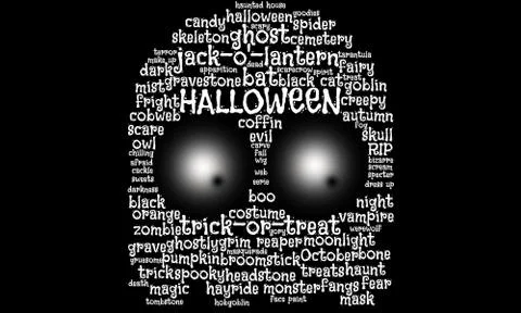 Word cloud in the shape of a goblin, ghost, with glowing eyeballs Stock Illustration