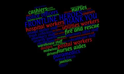 Word cloud in the shape of a heart naming essential workers,  frontline heroes Stock Illustration
