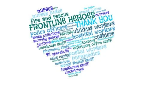 Word cloud in the shape of a heart thanking the frontline heroes Stock Illustration