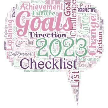 Word cloud in the shape of speech bubble with words goals 2023. Identifying Illustrazione stock