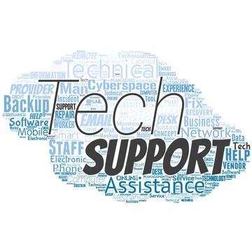 Word cloud in the shape of a UFO with tech support words. Help given by techn Stock Illustration