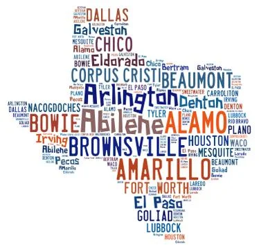 Word cloud showing the cities in Texas Stock Illustration