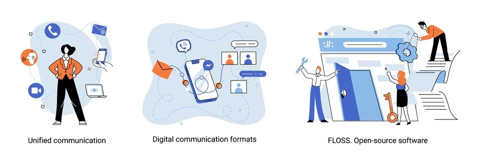 Word cloud of software related items. Digital communication formats, floss, open Illustrazione stock