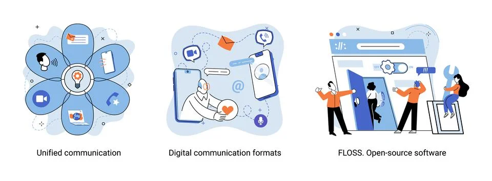 Word cloud of software related items. Digital communication formats, floss, open Illustrazione stock