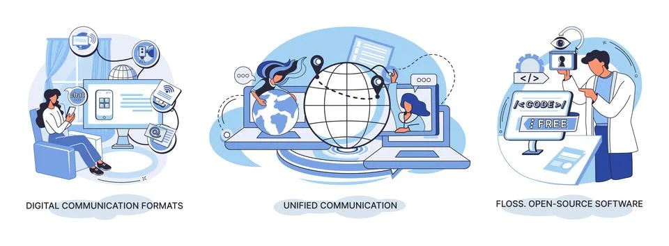 Word cloud of software related items. Digital communication formats, floss, open Illustrazione stock