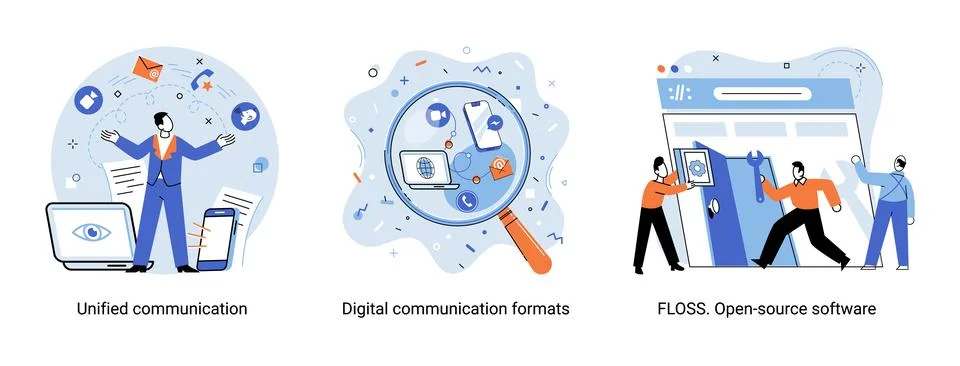 Word cloud of software related items. Digital communication formats, floss, open Illustrazione stock