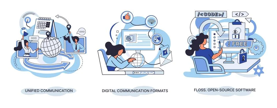 Word cloud of software related items. Digital communication formats, floss, open Illustrazione stock