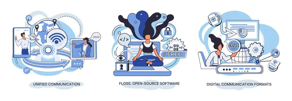 Word cloud of software related items. Digital communication formats, floss, open Illustrazione stock