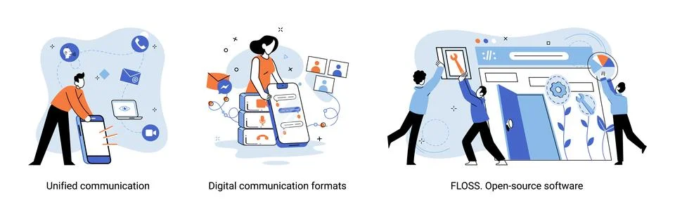 Word cloud of software related items. Digital communication formats, floss, open Illustrazione stock