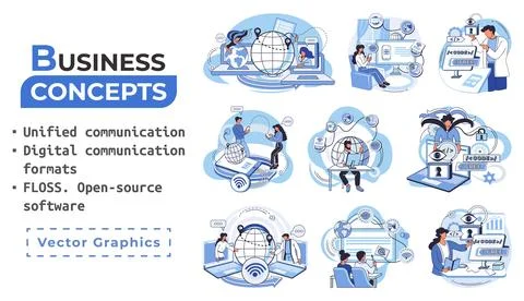 Word cloud of software related items. Digital communication formats, floss, open Illustrazione stock
