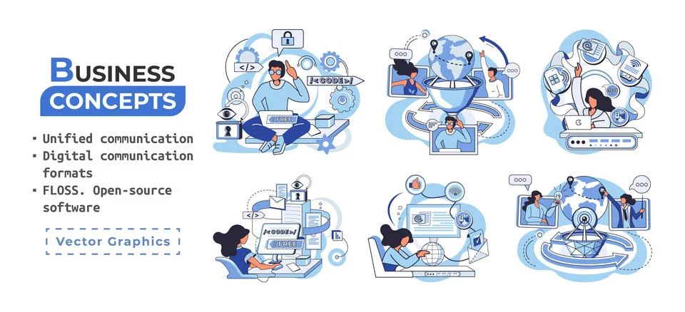 Word cloud of software related items. Digital communication formats, floss, open Illustrazione stock