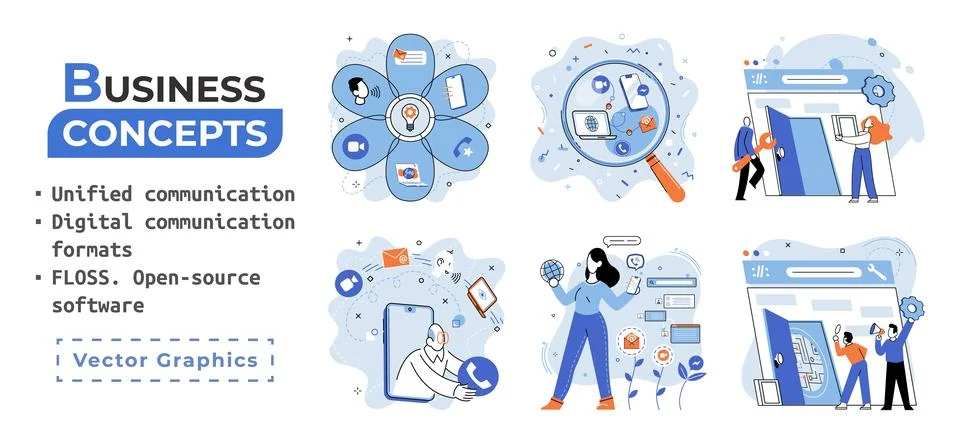 Word cloud of software related items. Digital communication formats, floss, open Illustrazione stock