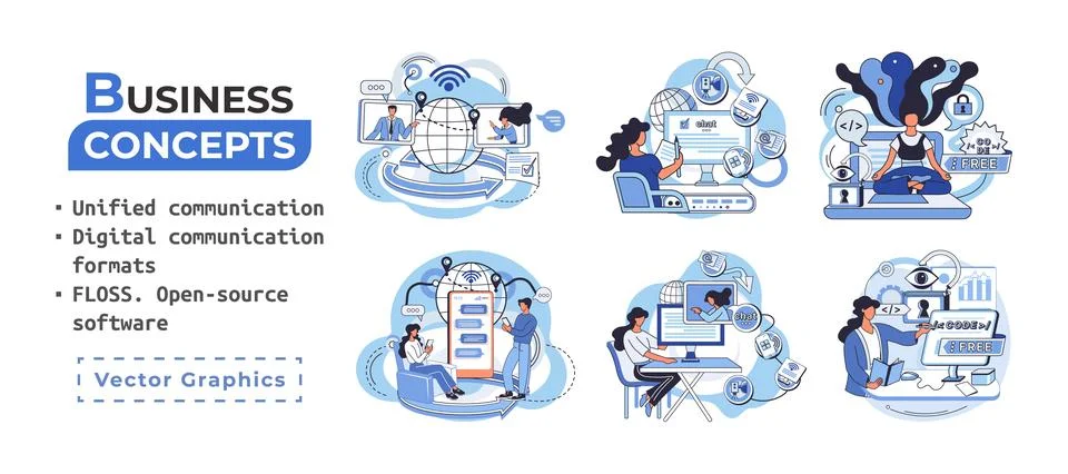 Word cloud of software related items. Digital communication formats, floss, open Illustrazione stock