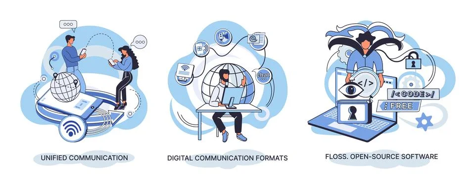 Word cloud of software related items. Digital communication formats, floss, open Illustrazione stock