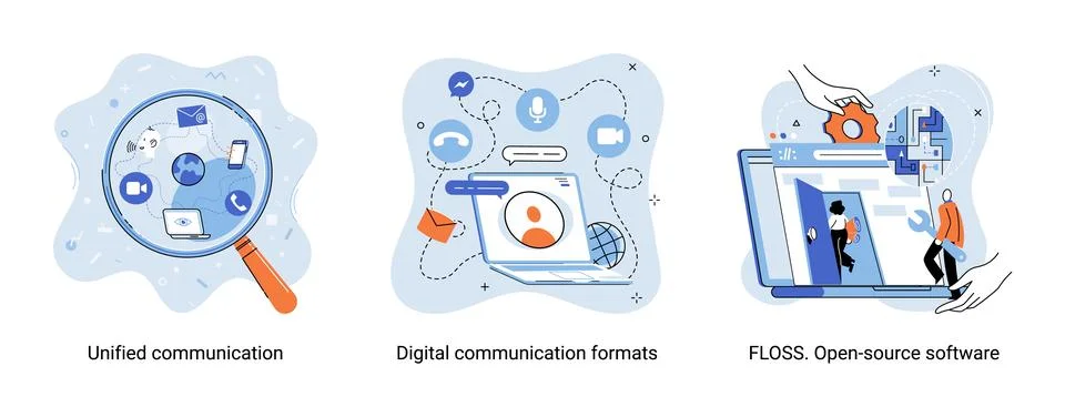 Word cloud of software related items. Digital communication formats, floss, open Illustrazione stock