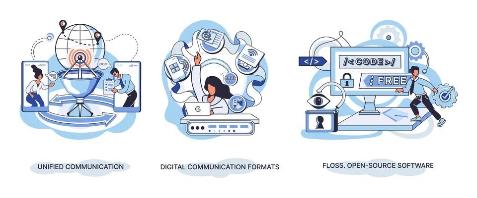 Word cloud of software related items. Digital communication formats, floss, open Illustrazione stock