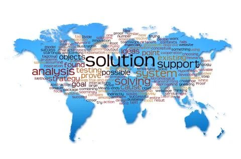 Word Cloud of solution with world map background Stockillustratie