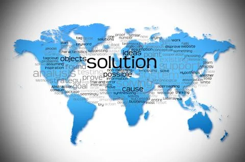 Word Cloud of solution with world map background Stockillustratie