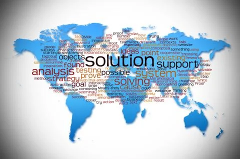 Word Cloud of solution with world map background Illustrazione stock