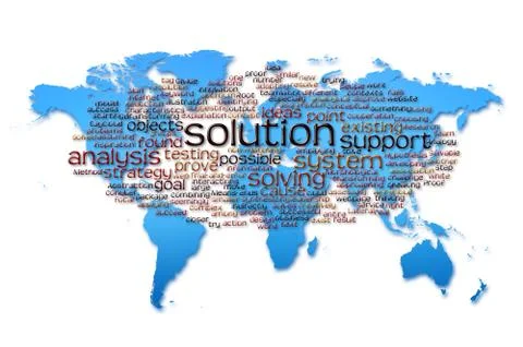 Word Cloud of solution with world map background Illustrazione stock