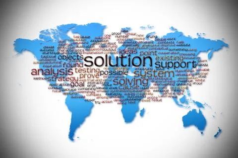 Word Cloud of solution with world map background Stock Illustration