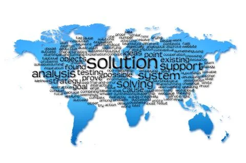 Word Cloud of solution with world map background Stock Illustration