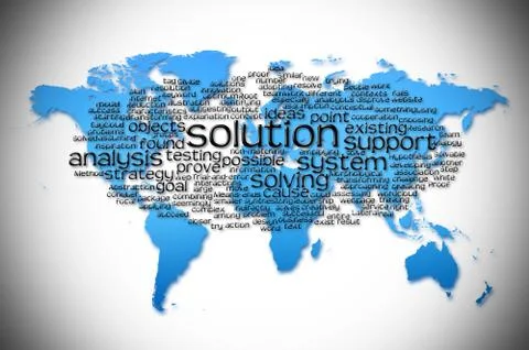 Word Cloud of solution with world map background Stock Illustration