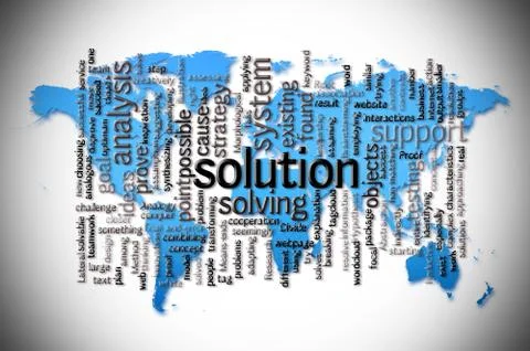 Word Cloud of solution with world map background Illustrazione stock