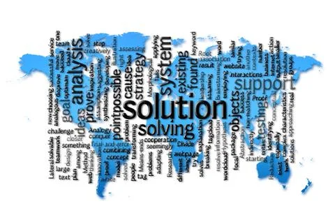 Word Cloud of solution with world map background Illustrazione stock