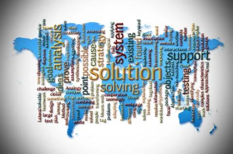 Word Cloud of solution with world map background Stock Illustration
