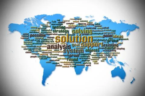 Word Cloud of solution with world map background Stock Illustration