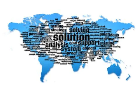 Word Cloud of solution with world map background Illustrazione stock