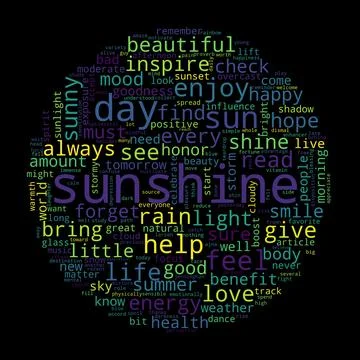 Word cloud of sunshine concept on black background. Stock Illustration