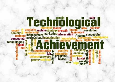 Word Cloud with TECHNOLOGICAL ACHIEVEMENT concept create with text only Stock Illustration